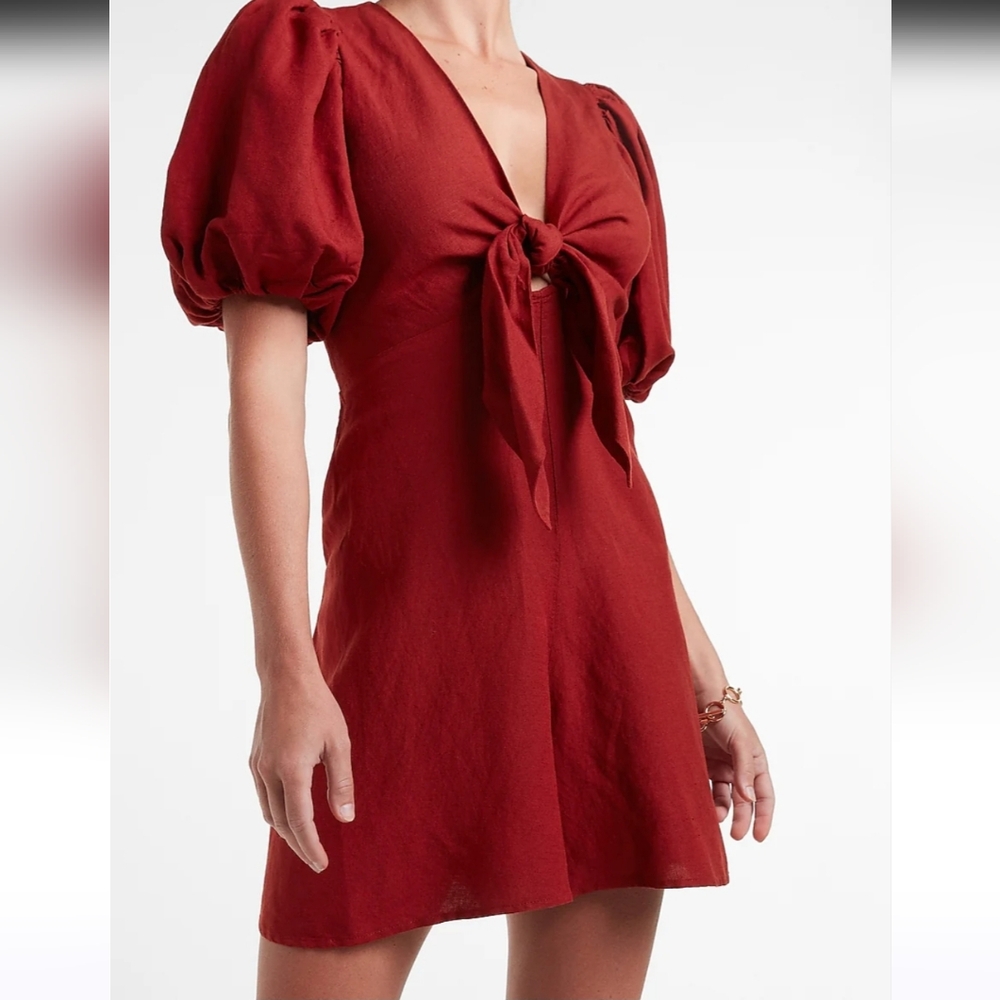Express Linen-Blend Tie Front Puff Sleeve Romper NEW W/ TAGS